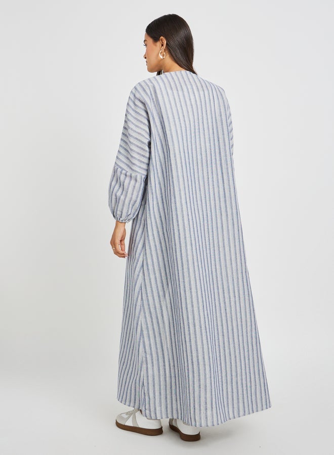 ستايلي كيمونو طويل مخطط بمظهر كتان بقصة عادية - Image 4